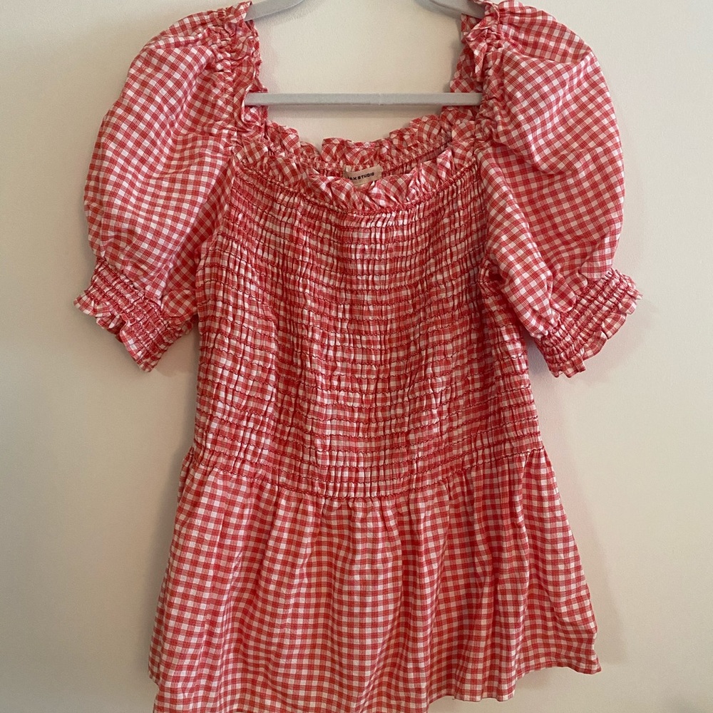 Max Studio Red Gingham Peplum Top